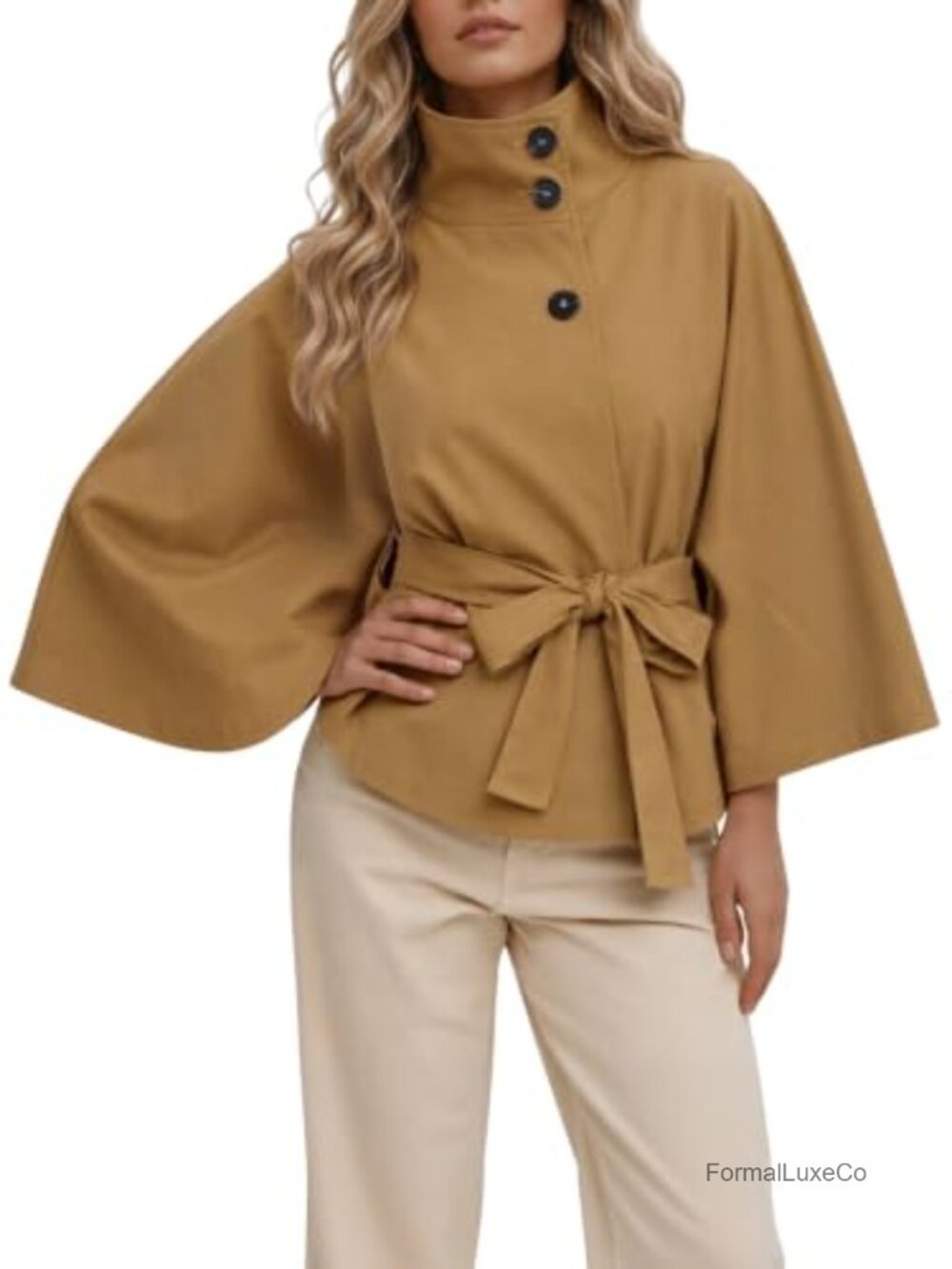 Cropped Trench Coat Cape Sleeve Stand Collar Belted Jacket